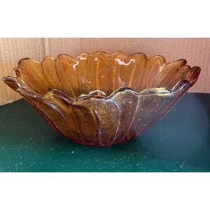 Vintage Amber Glass Sunflower Scalloped Bowl Textured Carnival Glass 7 Inch